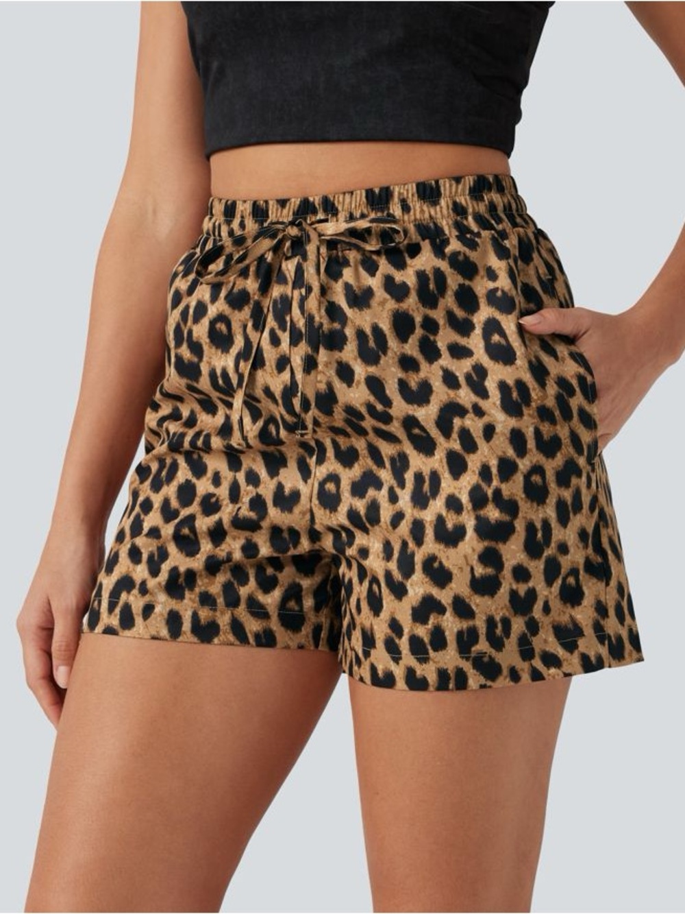 HALARA Leopard Print Elastic-Waist Shorts - Tan & Black